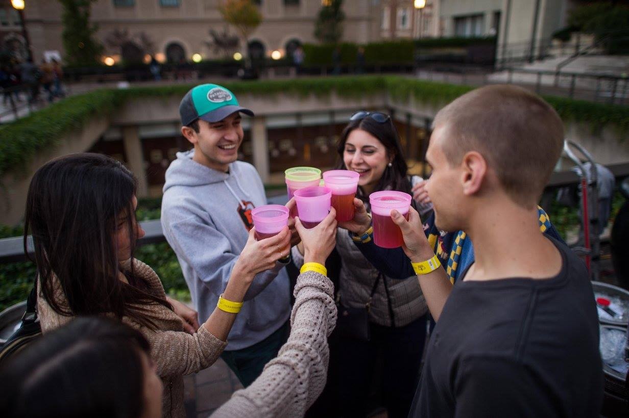 5 students putting their FestiFall cups together all filled with beer. Each student is smiling after saying "cheers" and each student has a yellow wristband